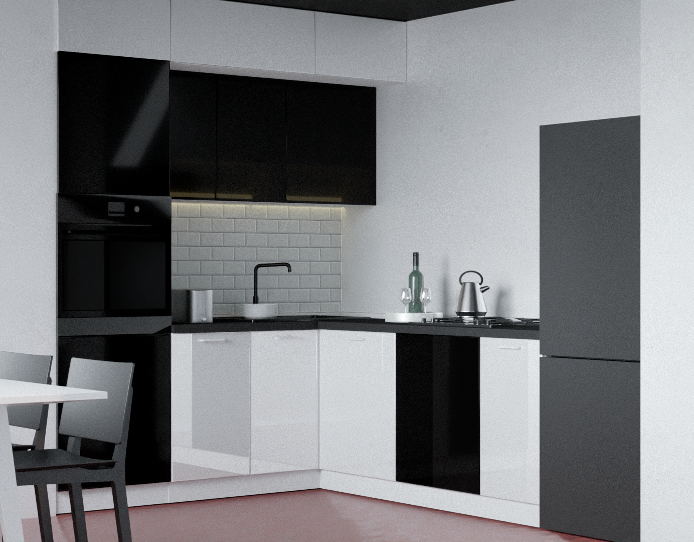 Кухни с черным холодильником