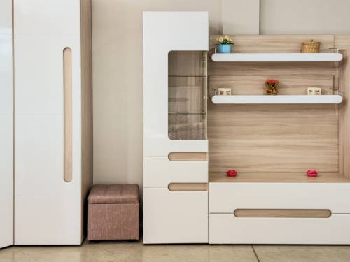 Тумба под телевизор + 2 полки «Палермо» в цвете Шимо светлый/Белый глянец купить в Перми