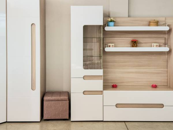 Тумба под телевизор + 2 полки «Палермо» в цвете Шимо светлый/Белый глянец купить в Перми