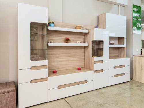 Тумба под телевизор + 2 полки «Палермо» в цвете Шимо светлый/Белый глянец купить в Перми