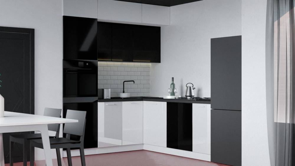 Кухня Модерн Черный/Белый глянец 2000*1700